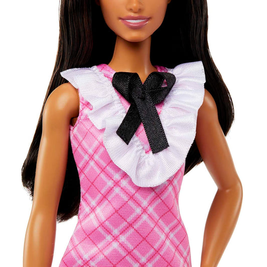 Barbie® Fashionistas™ Doll #209 with Black Hair Wearing a Pink Plaid Dress, Pearlescent Headband and Strappy Heels