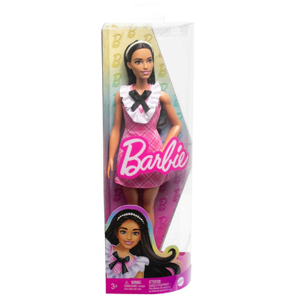 Barbie® Fashionistas™ Doll #209 with Black Hair Wearing a Pink Plaid Dress, Pearlescent Headband and Strappy Heels