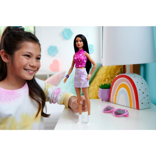 Barbie Fashionistas Doll #215 with Black Straight Hair, Pink Star-Print Top & Iridescent Skirt, 65th Anniversary Collectible Fashion Doll