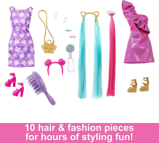 Barbie® Doll, Fun & Fancy™ Hair with Extra-Long Colorful Blonde Hair and Glossy Pink Dress, 10 Hair and Fashion Play Accessories