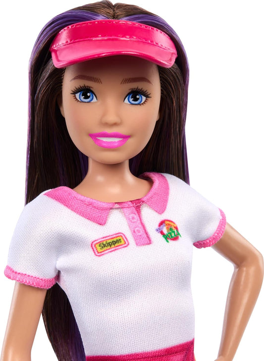 Barbie Skipper Doll with Accessories, Pizzeria Waitress Doll with Pizza & Takeout Box, Brown Eyes & Blue Eyes Doll