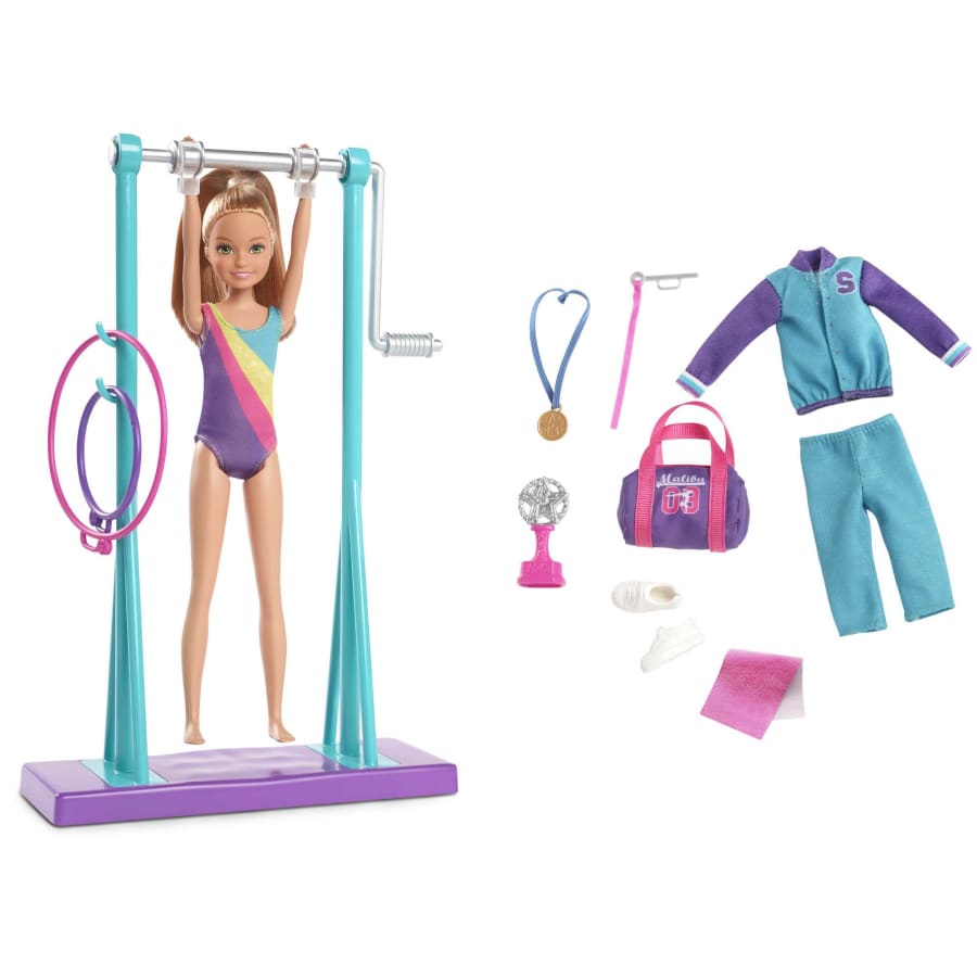 Barbie Team Stacie™ Doll and Gymnastics Playset with Spinning Bar and 7 Themed Accessories for 3 to 7 Year Olds