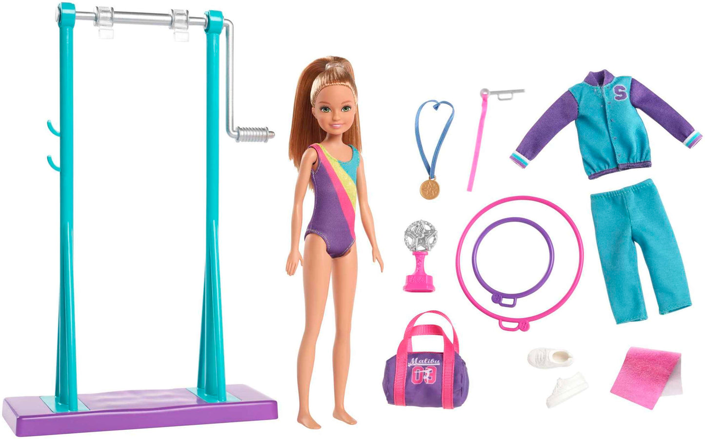Barbie Team Stacie™ Doll and Gymnastics Playset with Spinning Bar and 7 Themed Accessories for 3 to 7 Year Olds