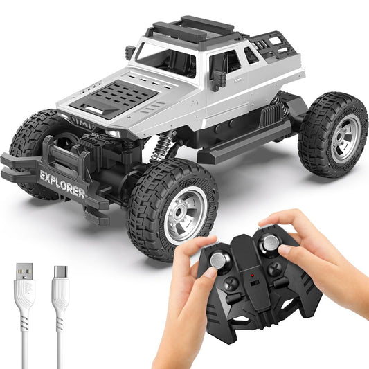MIVEAS CARE 4WD Remote Explorer C-Type USB Rechargeable RC Car | Off Road Rock Crawler Monster Truck ATV 4x4 Wheel Drive High Speed with Proportional Racing Car Gift for Boys Girls Kids (Silver)