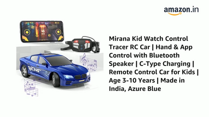 Mirana Kid Watch Control Tracer RC Car | Hand & App Control with Bluetooth Speaker | C-Type Charging | Remote Control Car for Kids | Age 3-10 Years | Made in India, Azure Blue