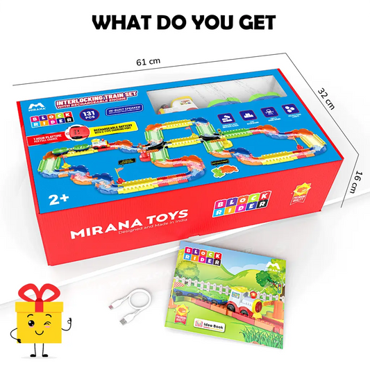 Mirana Block Rider Toy Train Set with Colorful & Multiple Track Layout, USB Rechargeable Type-C Engine, Various Sound Modes - Vande Bharat, Rajdhani, Delhi Metro, Kids 2-8 Years (Advanced - 131 Pcs)