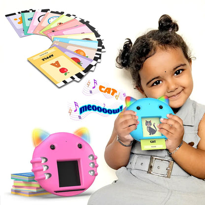Mirana Talking Kitty - Montessori Educational Flash Cards - Interactive Learning Toy for Kids Boys Girls - Multiple Game Modes Alphabets & Math - USB Type-C Rechargeable - Age 2+ Years (Blue, Medium)