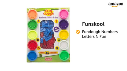 Funskool-Fundough Playset Numbers Letters N Fun, Ten tubs of Dough, an exciting and informative 35 Piece playset, Multicolour, Dough, Toy, Shaping, Sculpting, 3 Years