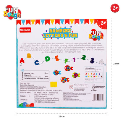 Funskool-Fundough Playset Numbers Letters N Fun, Ten tubs of Dough, an exciting and informative 35 Piece playset, Multicolour, Dough, Toy, Shaping, Sculpting, 3 Years
