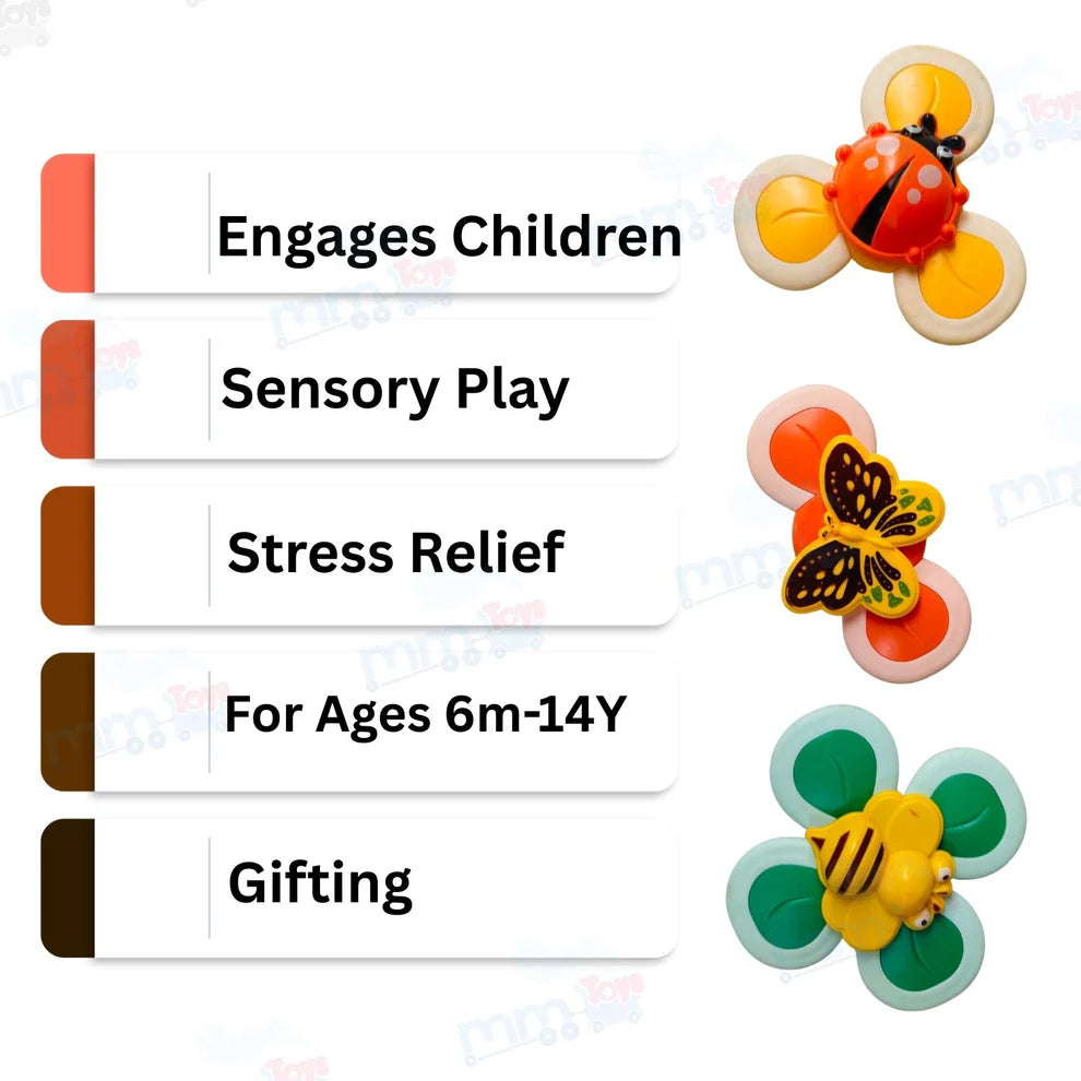Sucker Spinner Toy Pack of 3 – Stress Relief Fidget Spinners with Suction Base for Kids & Adults - Multicolor