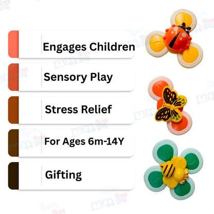 Sucker Spinner Toy Pack of 3 – Stress Relief Fidget Spinners with Suction Base for Kids & Adults - Multicolor
