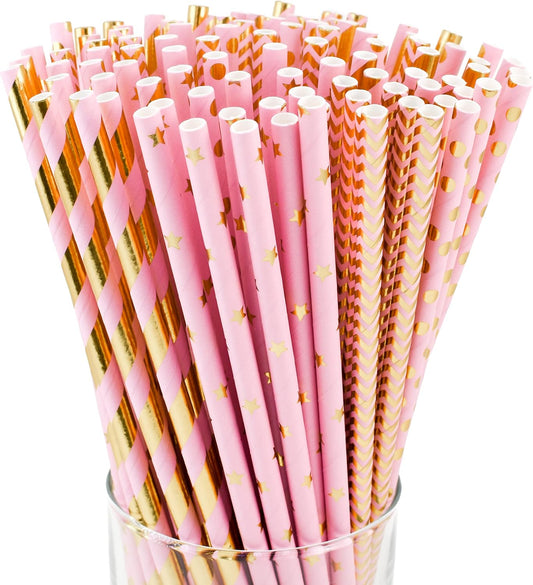 KEDON Pink Gold Paper Straws 100, Disposable Cake Pop Sticks Metallic Gold Striped Star Decorative Pink Straws for Drinking Cocktail Bachelorette Wedding Crafts Baby Bridal Shower Gender Reveal