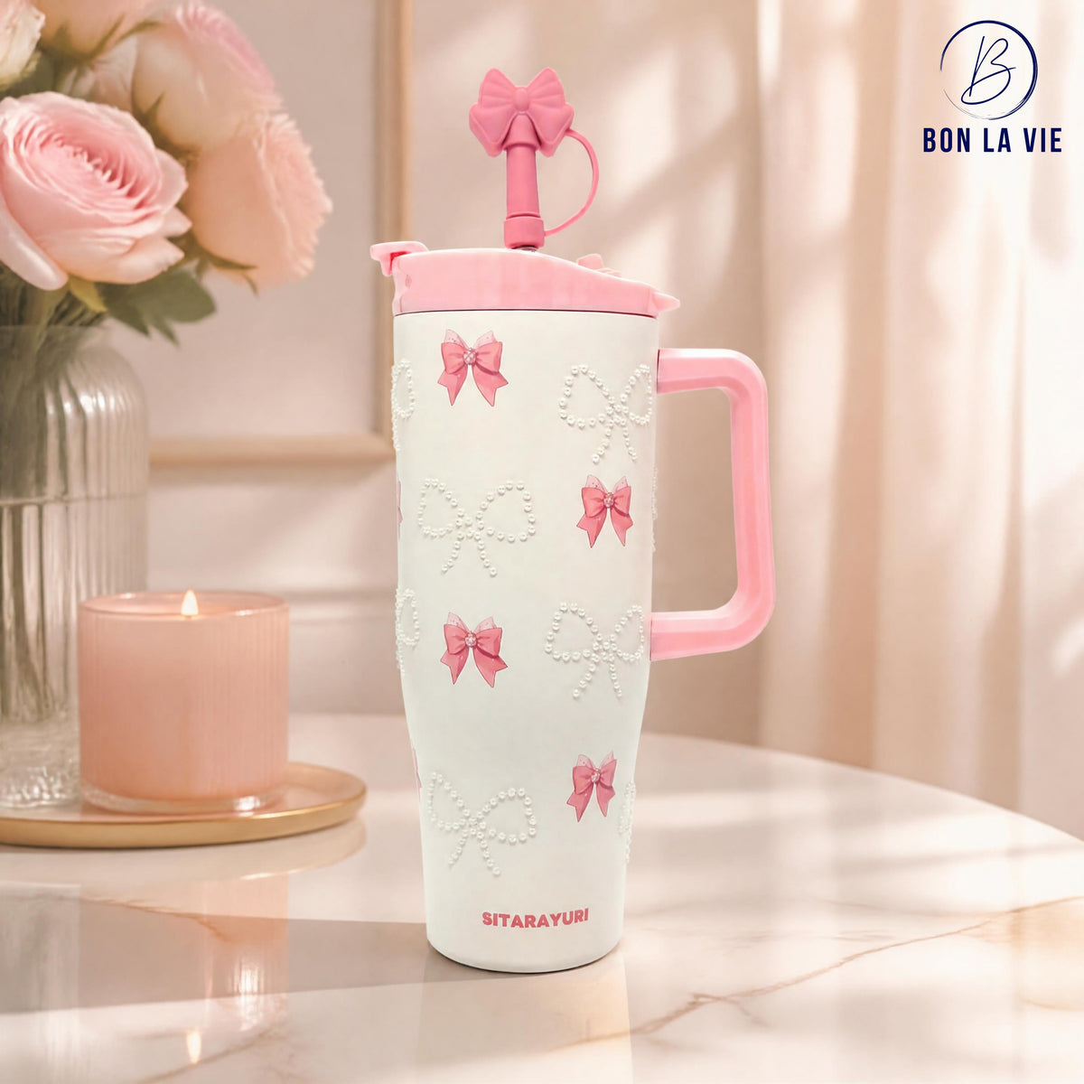 Sitarayuri Pearl Insulated Tumbler with Bow Charm and Handle 1200ml