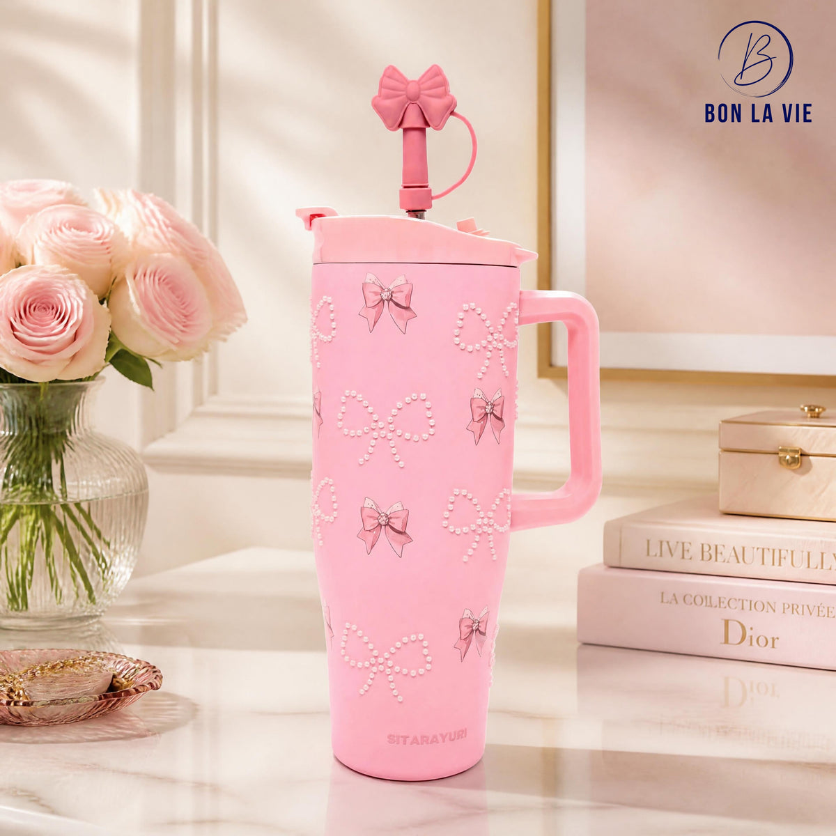 Sitarayuri Pearl Insulated Tumbler with Bow Charm and Handle 1200ml