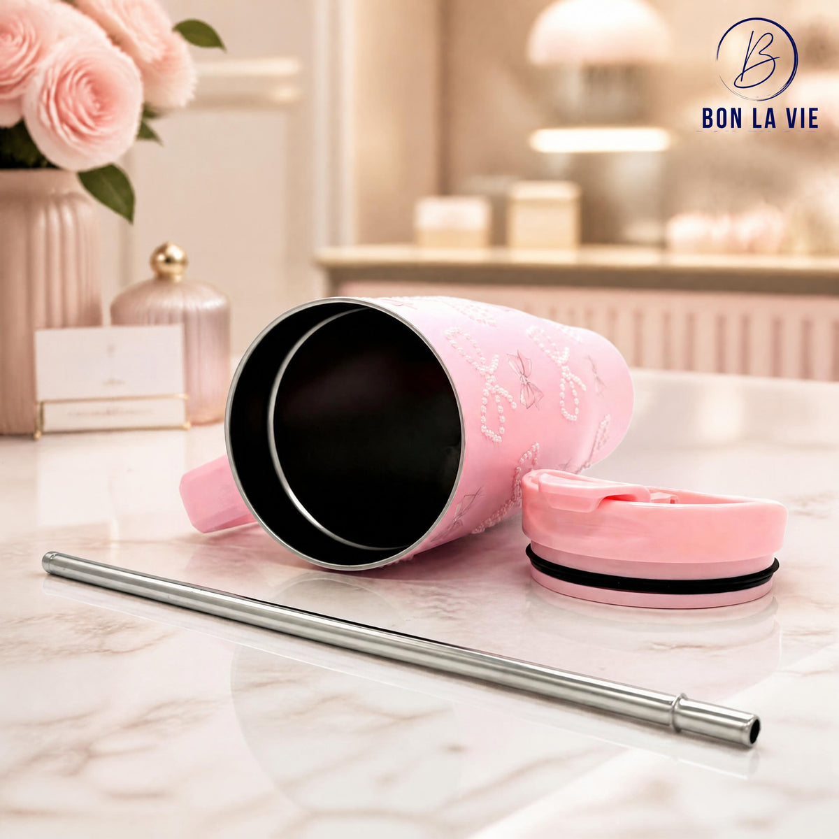 Sitarayuri Pearl Insulated Tumbler with Bow Charm and Handle 1200ml