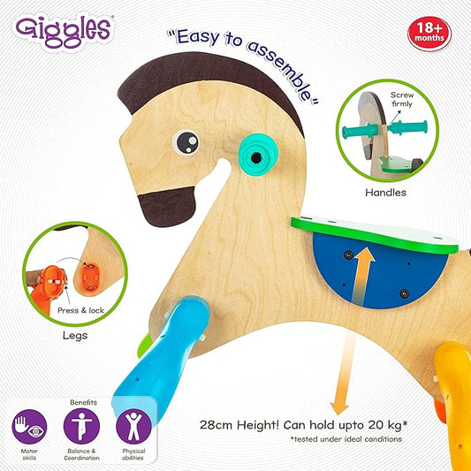 Funskool Giggles - My First Pony, Ride On Toy, Wooden, Ride-on for Toddlers, 18 Months +, Front and Back Movement, Motor Skills and Sense of Direction, Indoors
