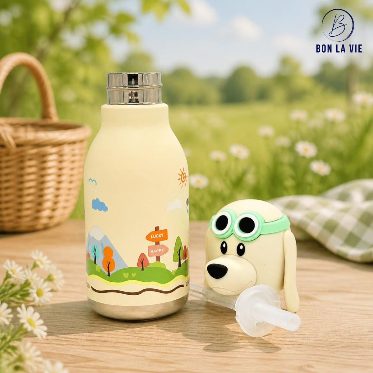 Cute Animal Insulated Bottle 450ml with Straw & Leak-Proof Lid