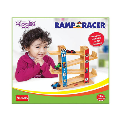 Giggles Funskool Ramp Racer, Wooden Racing Toy for Kids with 3 Mini Cars, Encourages Learning & Development, Motor Skills, Fun Activity for Preschool, Gift Set for Kid, Age 18+ Months