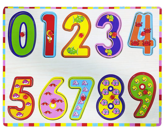 Wooden Basic Number Puzzle Board (0-9) with Knobs for Preschool Kids - Fun and Educational Toy for Learning Numbers - 10 Pcs (Multicolor)