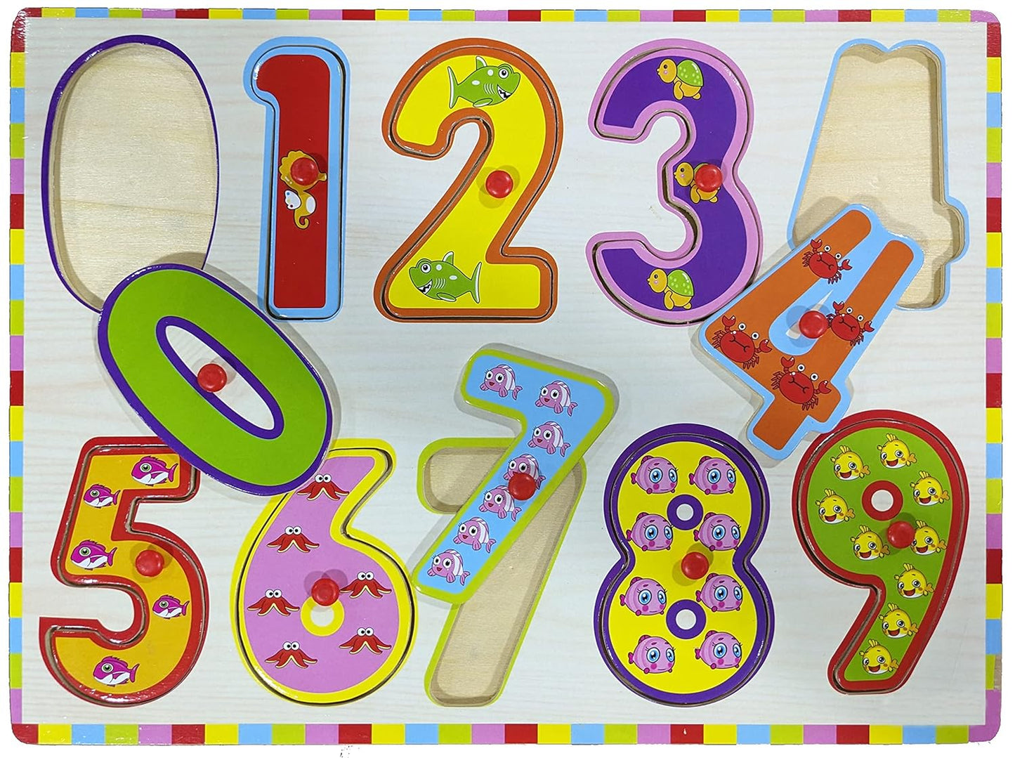 Wooden Basic Number Puzzle Board (0-9) with Knobs for Preschool Kids - Fun and Educational Toy for Learning Numbers - 10 Pcs (Multicolor)