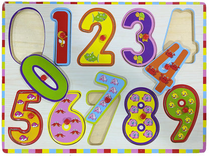 Wooden Basic Number Puzzle Board (0-9) with Knobs for Preschool Kids - Fun and Educational Toy for Learning Numbers - 10 Pcs (Multicolor)