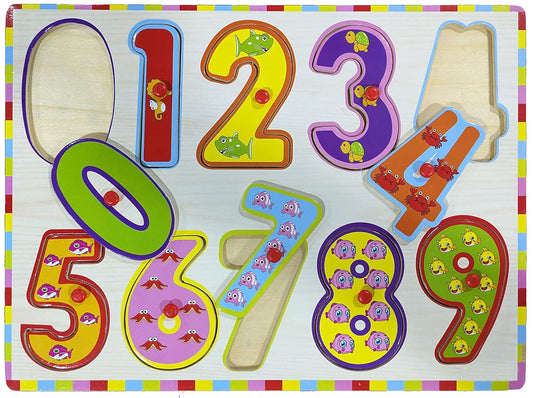Wooden Basic Number Puzzle Board (0-9) with Knobs for Preschool Kids - Fun and Educational Toy for Learning Numbers - 10 Pcs (Multicolor)