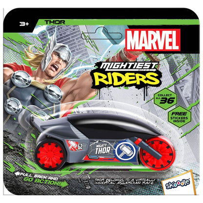 SKOODLE Marvel Pull-Back Rider Bike for Kids - Thor Edition Motorcycles, Marvel Inspired Toy Bikes with Sturdy and Long-Lasting Construction, Enhances Motor Skills and Fun Vehicle Toy for Gift - Grey