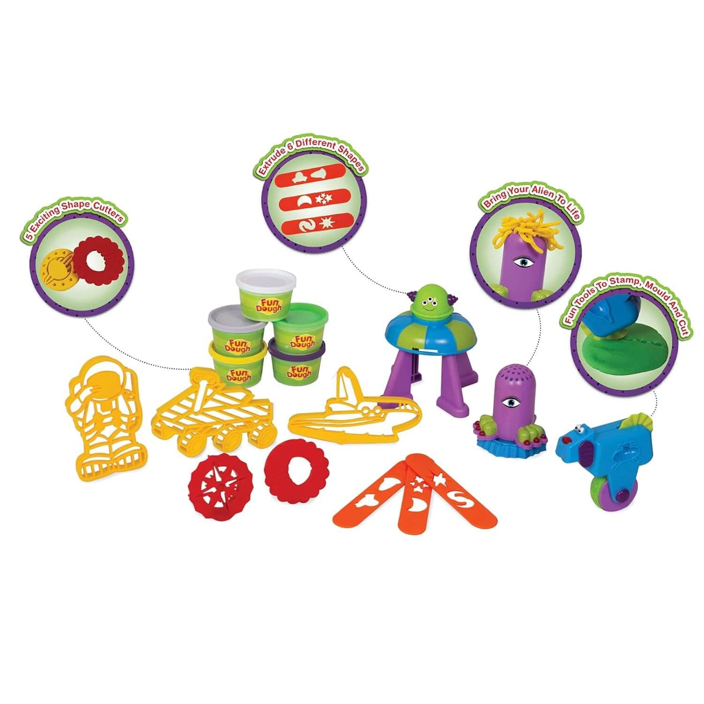 Funskool Fundough Playset Space Jam, pretend play, Space Themed to make Planets, Galaxies, Aliens, Astronauts, Spaceships, 5 tubs of Dough, Toys for Kids, Sculpting, 3 Years and Above, Multicolour
