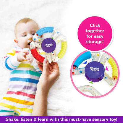 Funskool Giggles Sensory Rattle, Unique Textured Handles, 3 Different rattles, Perfect for Little Hands, 6 Months+, Storage disc provided, Multi-Colour
