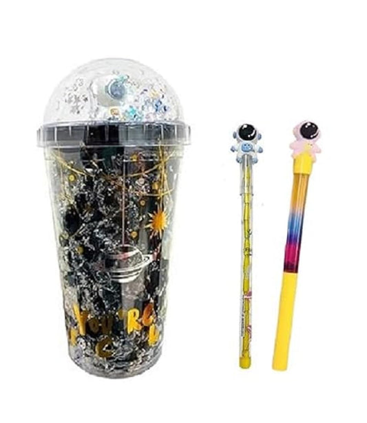 Space Theme Sipper, Astronaut Water Bottle Sipper//Astronaut Pen and Space Theme Pencil // Acrylic Sipper with Straw // Stylish Space Design Tumbler,Ice Look Astroanut Sipper (Pack of 3)