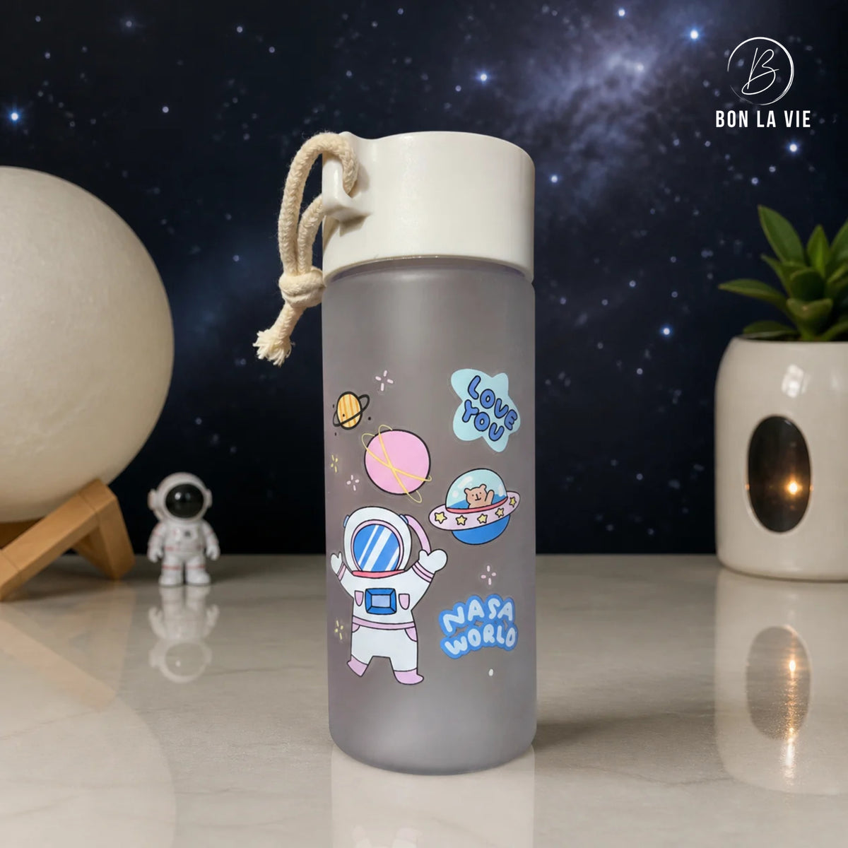 Space Print Frosted Plastic Water Bottle 500ml with Rope Handle Lid