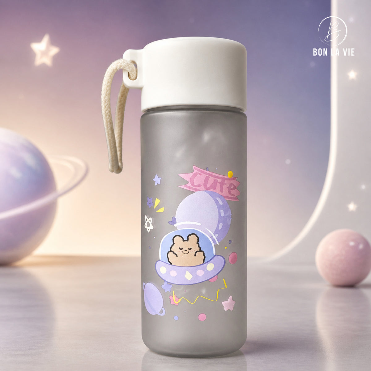 Space Print Frosted Plastic Water Bottle 500ml with Rope Handle Lid