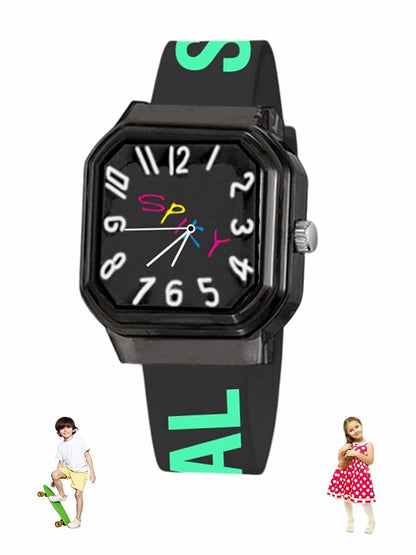 SPIKY Square Analog Kids Watch | Classic Typography Strap | Unbreakabe Silicon Strap | 30M Water Resistant | Stylish & Adorable for Kids Aged 2-12 | Best Birthday Gift for Boys and Girls