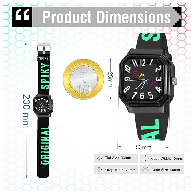 SPIKY Square Analog Kids Watch | Classic Typography Strap | Unbreakabe Silicon Strap | 30M Water Resistant | Stylish & Adorable for Kids Aged 2-12 | Best Birthday Gift for Boys and Girls