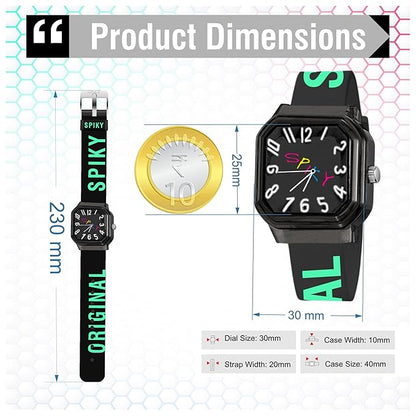 SPIKY Square Analog Kids Watch | Classic Typography Strap | Unbreakabe Silicon Strap | 30M Water Resistant | Stylish & Adorable for Kids Aged 2-12 | Best Birthday Gift for Boys and Girls
