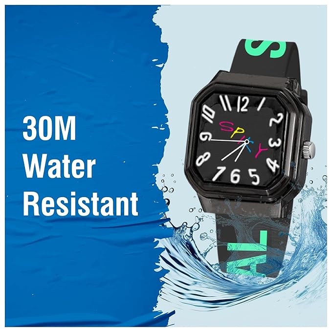 SPIKY Square Analog Kids Watch | Classic Typography Strap | Unbreakabe Silicon Strap | 30M Water Resistant | Stylish & Adorable for Kids Aged 2-12 | Best Birthday Gift for Boys and Girls
