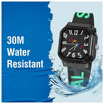 SPIKY Square Analog Kids Watch | Classic Typography Strap | Unbreakabe Silicon Strap | 30M Water Resistant | Stylish & Adorable for Kids Aged 2-12 | Best Birthday Gift for Boys and Girls