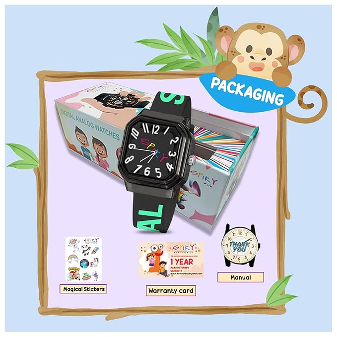 SPIKY Square Analog Kids Watch | Classic Typography Strap | Unbreakabe Silicon Strap | 30M Water Resistant | Stylish & Adorable for Kids Aged 2-12 | Best Birthday Gift for Boys and Girls