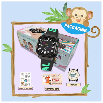 SPIKY Square Analog Kids Watch | Classic Typography Strap | Unbreakabe Silicon Strap | 30M Water Resistant | Stylish & Adorable for Kids Aged 2-12 | Best Birthday Gift for Boys and Girls