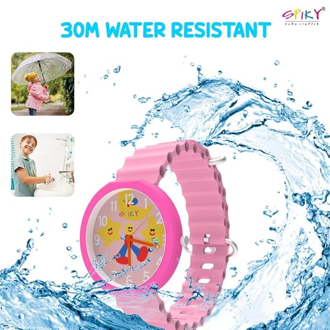 SPIKY Round Analog Kids Watch for Boy and Girls | 30M Water Resistant, Unbreakable Silicone Textured Strap, Printed Star Moon Dial | Best Birthday Gift for Kids | Suitable Age for 3 to 14 Years