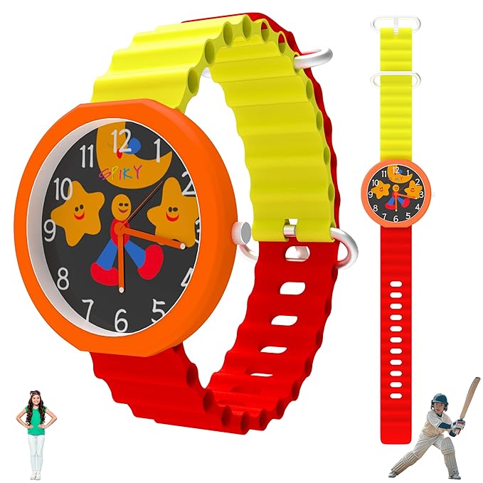 SPIKY Round Analog Kids Watch for Boy and Girls | 30M Water Resistant, Unbreakable Silicone Textured Strap, Printed Star Moon Dial | Best Birthday Gift for Kids | Suitable Age for 3 to 14 Years