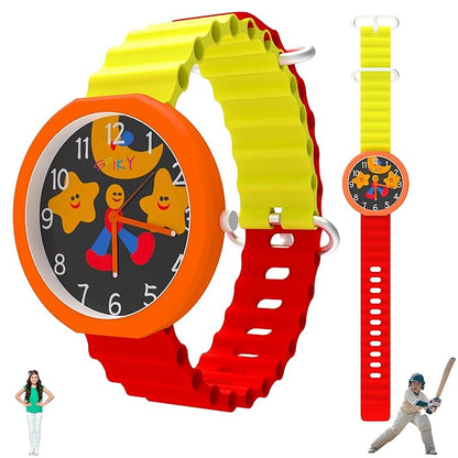SPIKY Round Analog Kids Watch for Boy and Girls | 30M Water Resistant, Unbreakable Silicone Textured Strap, Printed Star Moon Dial | Best Birthday Gift for Kids | Suitable Age for 3 to 14 Years