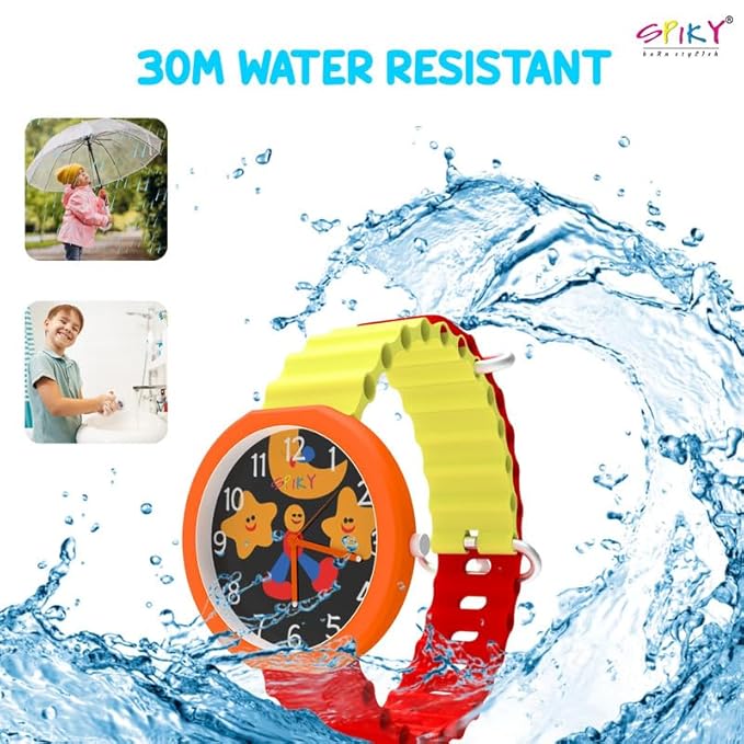 SPIKY Round Analog Kids Watch for Boy and Girls | 30M Water Resistant, Unbreakable Silicone Textured Strap, Printed Star Moon Dial | Best Birthday Gift for Kids | Suitable Age for 3 to 14 Years