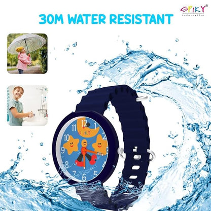 SPIKY Round Analog Kids Watch for Boy and Girls | 30M Water Resistant, Unbreakable Silicone Textured Strap, Printed Star Moon Dial | Best Birthday Gift for Kids | Suitable Age for 3 to 14 Years