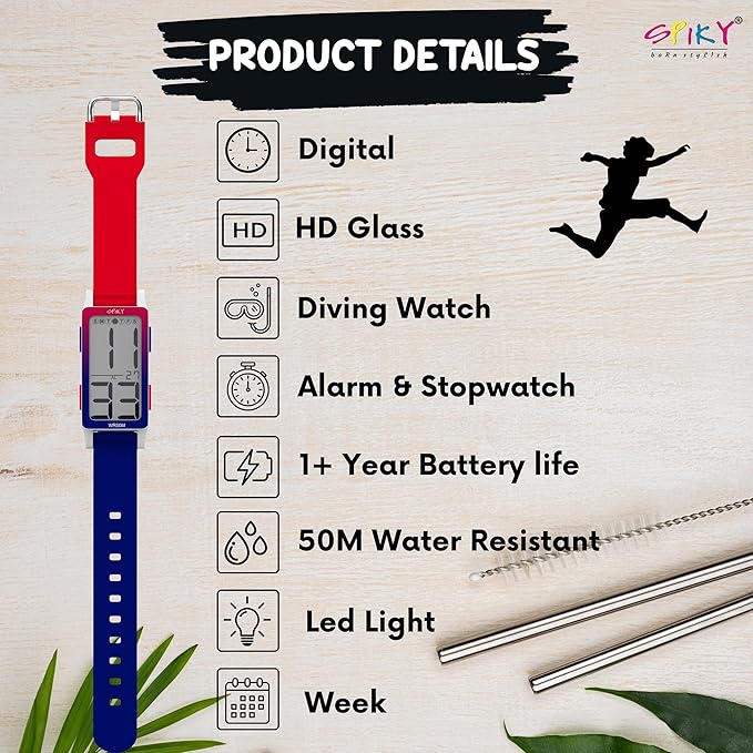 Spiky Rectangle Digital Sports Watch for Kids | Unique & Stylish Multifunctional, Seconds, Alarm, Week Calendar, 50M Water Resistant | Unbreakable Silicone Strap | Best Birthday Gift for Kids Boys and Girls
