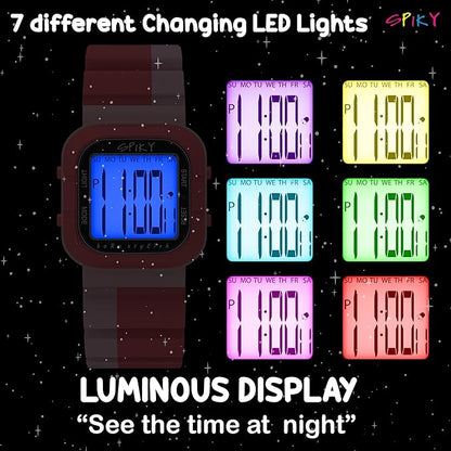 SPIKY Mult-Functional Digital Watch for Kids | 7 Multicolor Luminous Display, Week Calendar, Seconds| 30M Water Resistant | Unbreakable TPU Strap | Best Birthday Gift for Kids Boys and Girls
