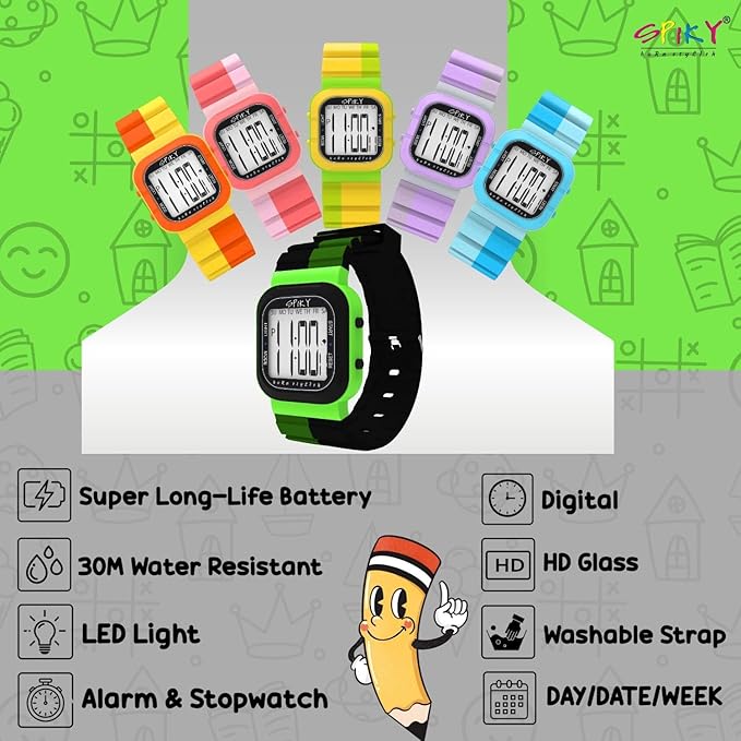 SPIKY Mult-Functional Digital Watch for Kids | 7 Multicolor Luminous Display, Week Calendar, Seconds| 30M Water Resistant | Unbreakable TPU Strap | Best Birthday Gift for Kids Boys and Girls