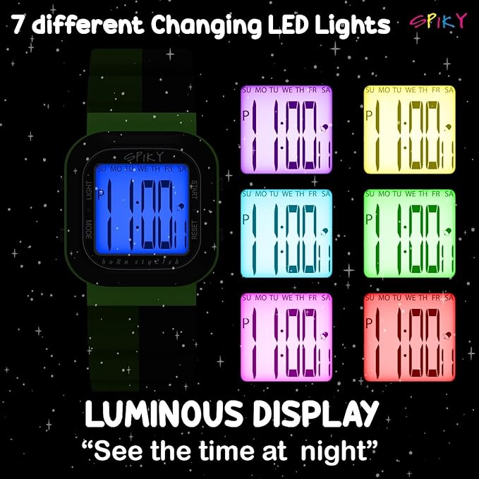 SPIKY Mult-Functional Digital Watch for Kids | 7 Multicolor Luminous Display, Week Calendar, Seconds| 30M Water Resistant | Unbreakable TPU Strap | Best Birthday Gift for Kids Boys and Girls