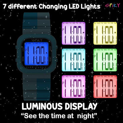 SPIKY Mult-Functional Digital Watch for Kids | 7 Multicolor Luminous Display, Week Calendar, Seconds| 30M Water Resistant | Unbreakable TPU Strap | Best Birthday Gift for Kids Boys and Girls