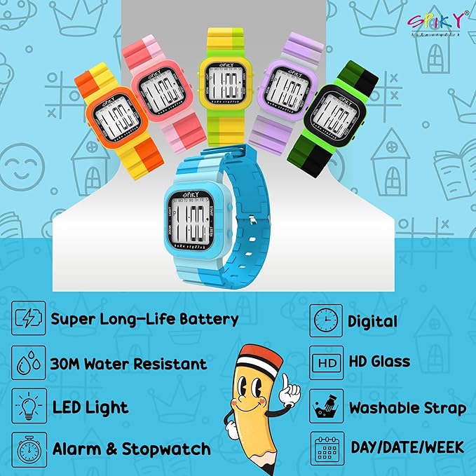SPIKY Mult-Functional Digital Watch for Kids | 7 Multicolor Luminous Display, Week Calendar, Seconds| 30M Water Resistant | Unbreakable TPU Strap | Best Birthday Gift for Kids Boys and Girls